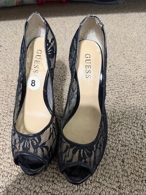 Guess Navy Lace Peep-Toe Heels
